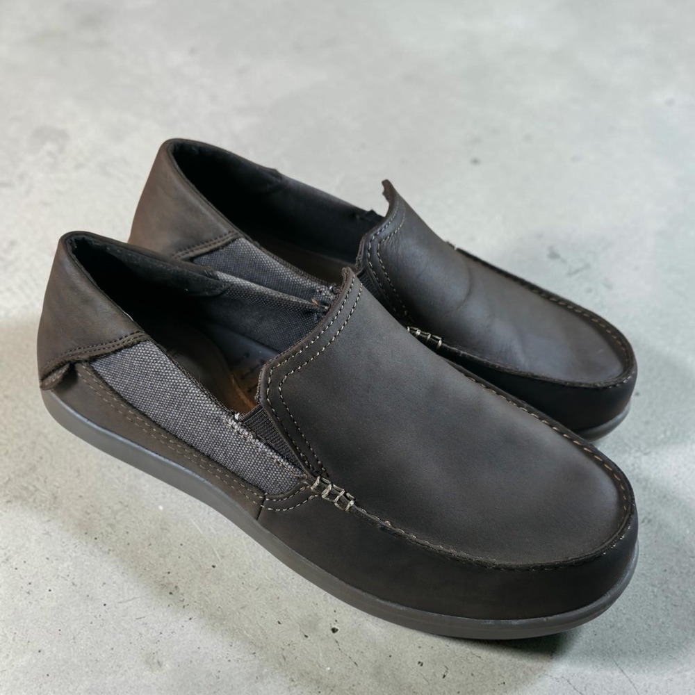 Crocs Santa Cruz 2 Luxe Brown Leather Loafers Mens Size 9 Slip On Shoes